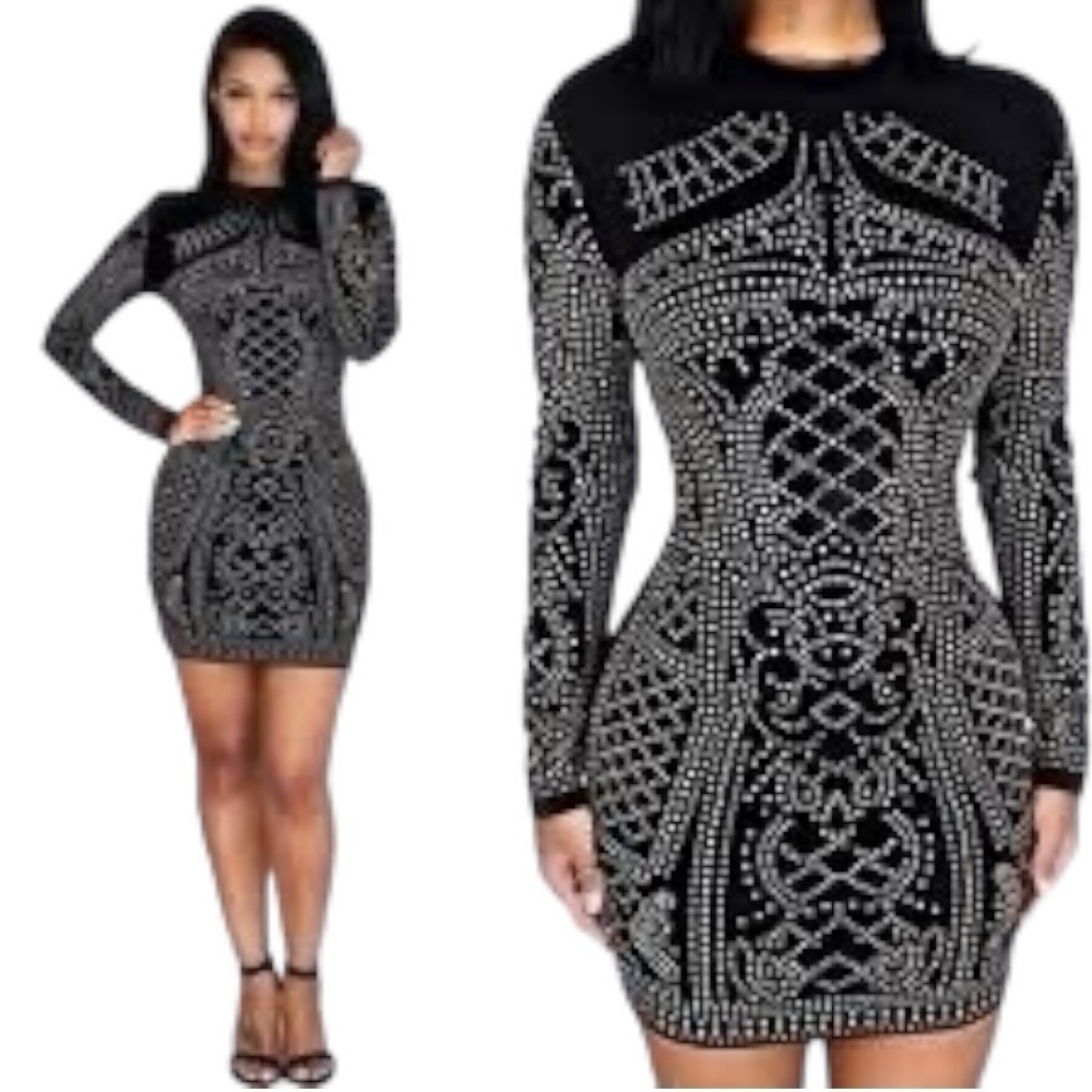 BANJUL Black Bodycon Studded Mini Dress Long Sleeve Party Girls Night Out Size M